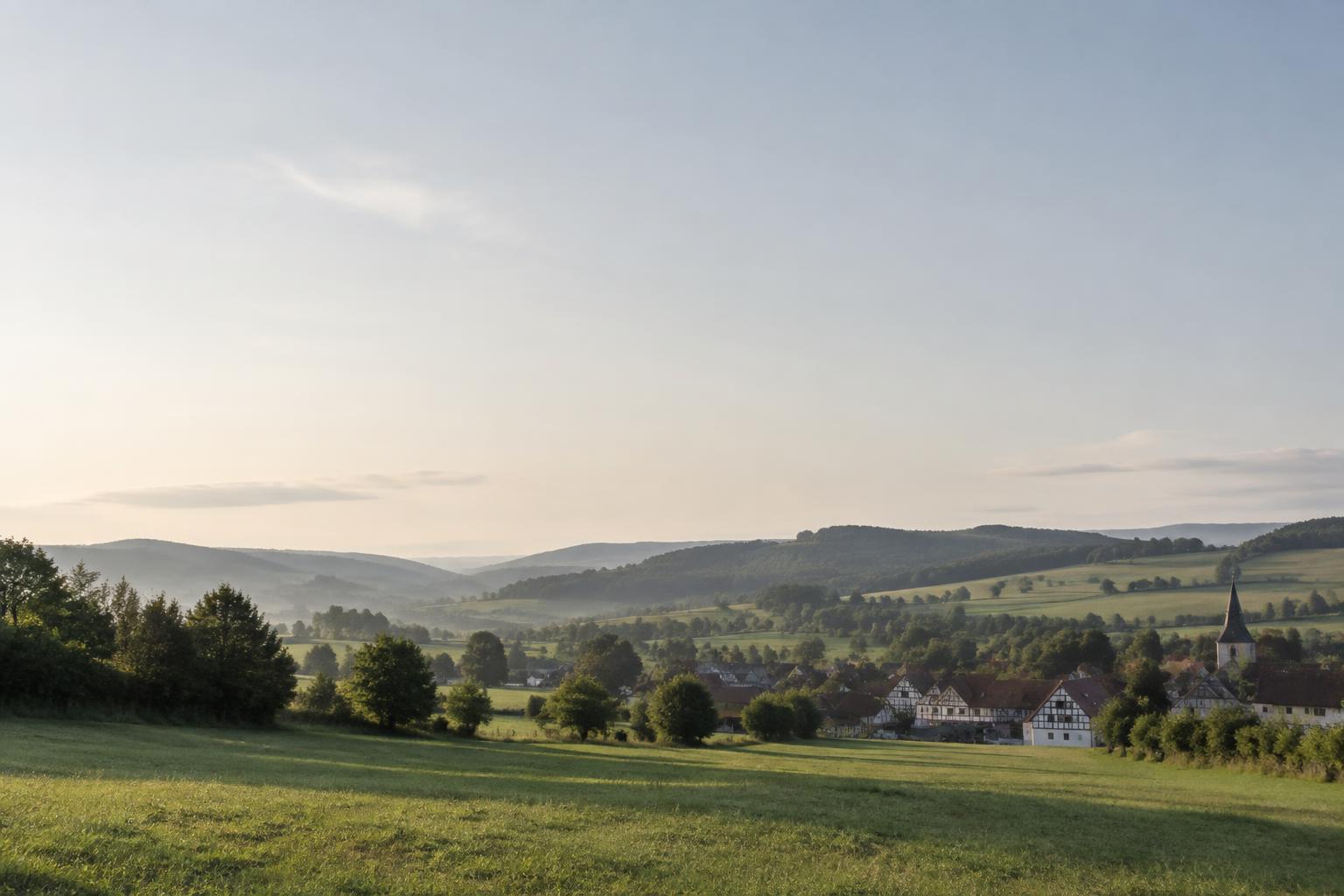 Hügelige Felder und Fachwerkdorf in Hessen